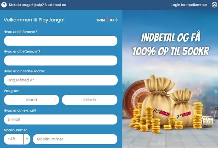 Kontooprettelse hos Play Jango Online Casino